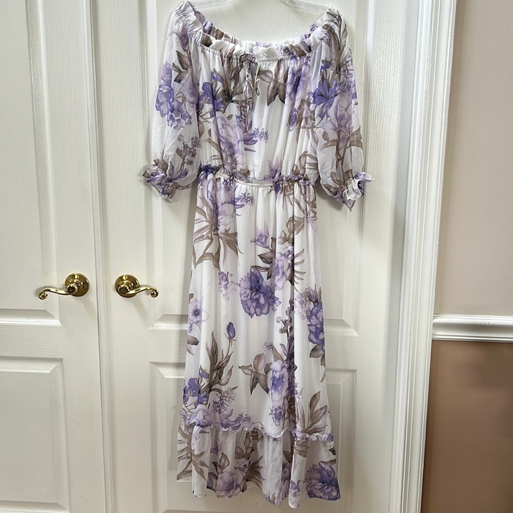 Violet floral on white off shoulder midi dress NEW